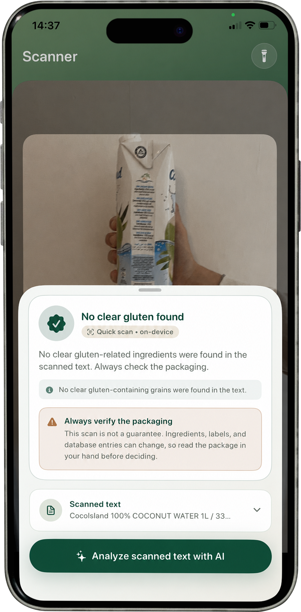 Celia gluten-free barcode and ingredient scanner on iPhone