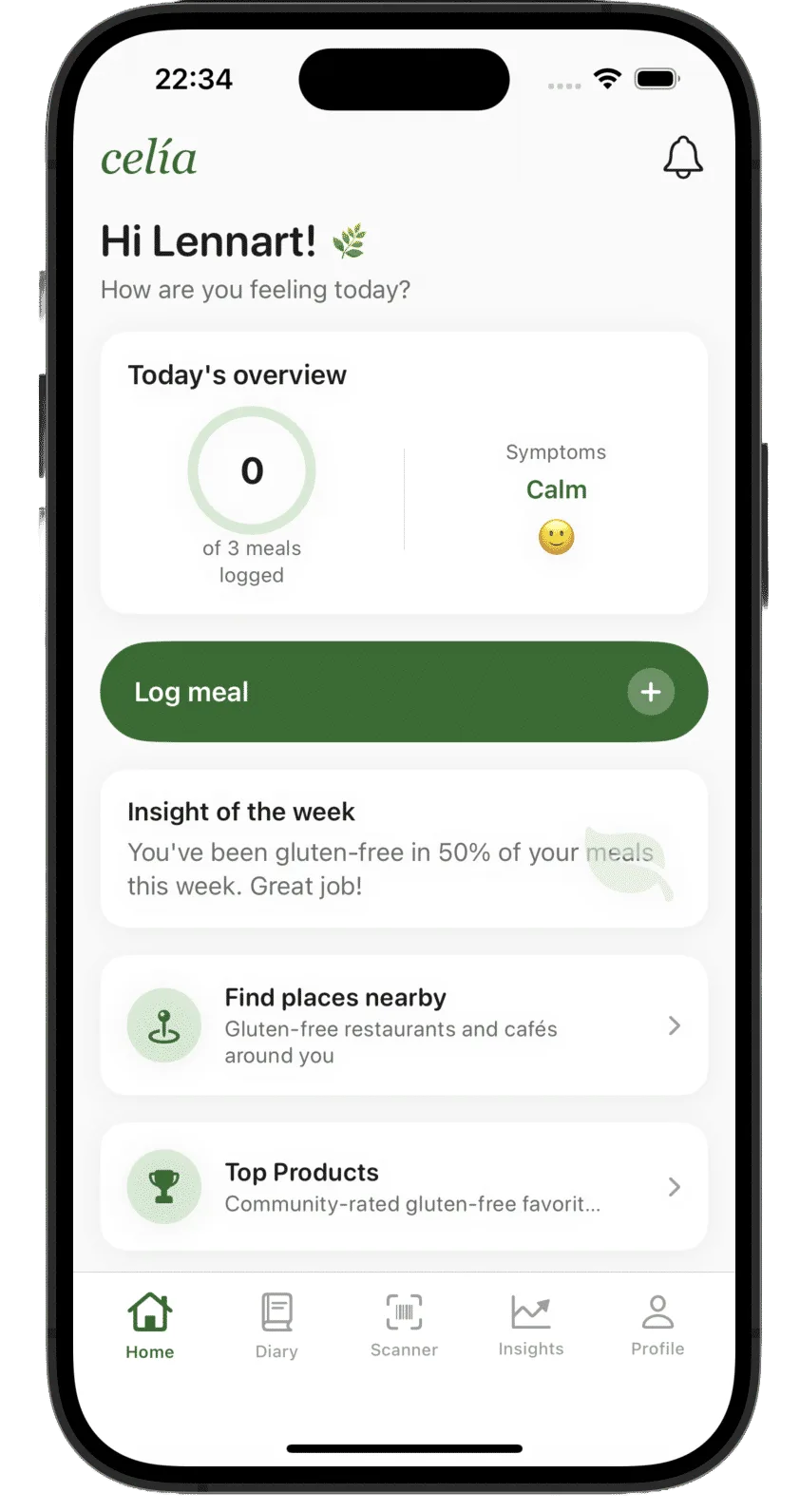 Celias startskärm på iPhone med glutenfria platser i närheten